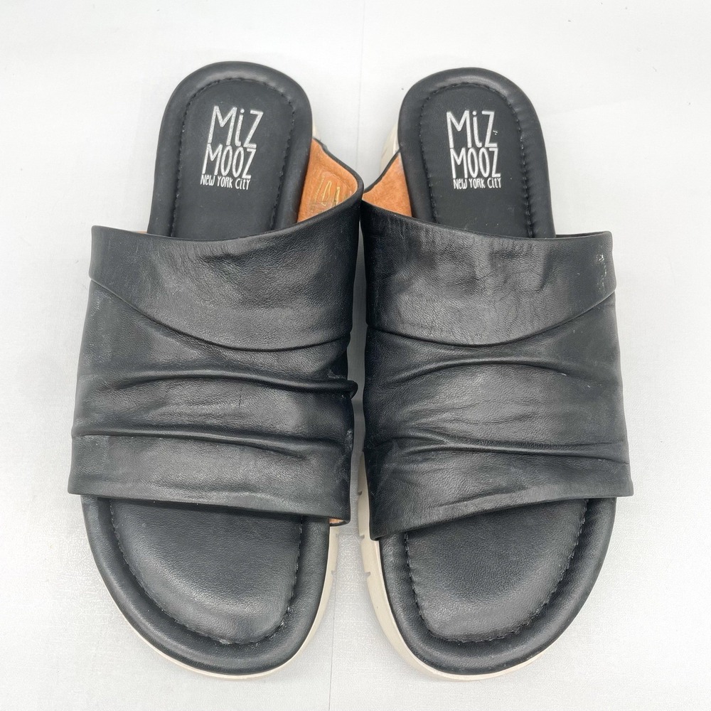 Miz Mooz Womens 37 6.5 Claribel Slide Sandals‎ Shoes Black Leather Slip On Flats